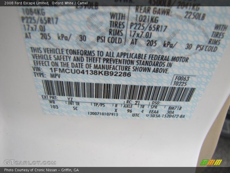Oxford White / Camel 2008 Ford Escape Limited