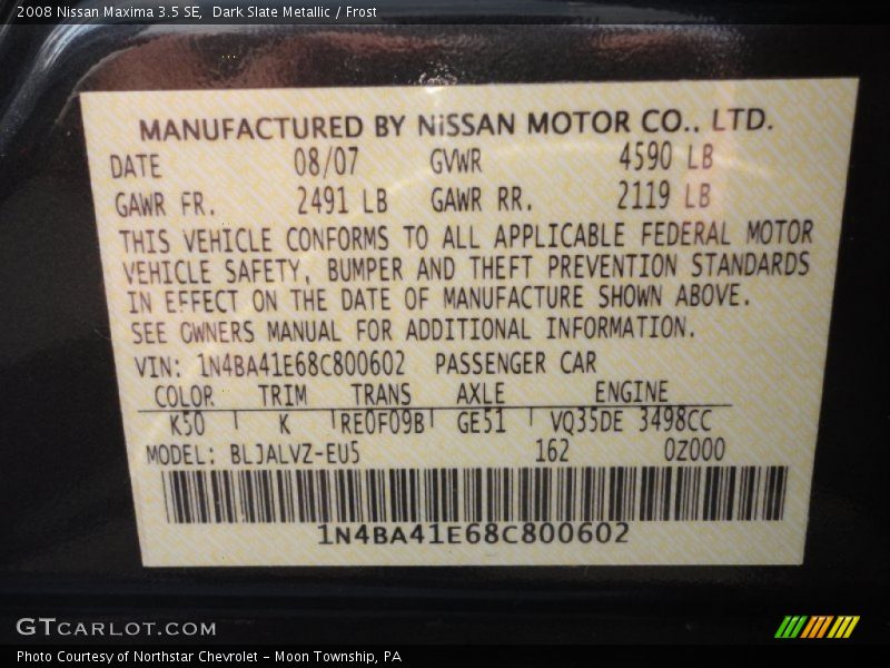 Dark Slate Metallic / Frost 2008 Nissan Maxima 3.5 SE