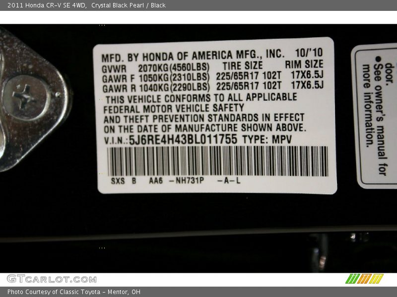 2011 CR-V SE 4WD Crystal Black Pearl Color Code NH731P