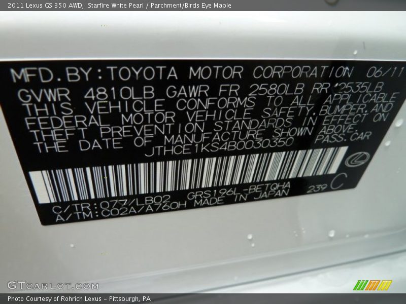 2011 GS 350 AWD Starfire White Pearl Color Code 077