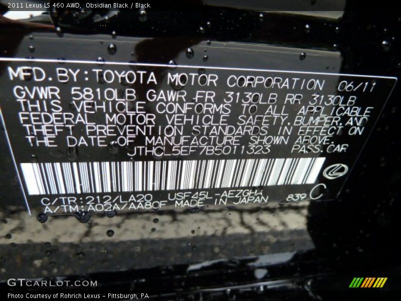 2011 LS 460 AWD Obsidian Black Color Code 212