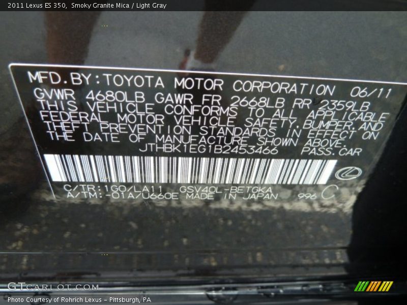 2011 ES 350 Smoky Granite Mica Color Code 1G0