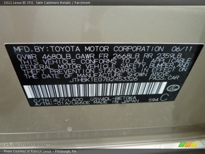 2011 ES 350 Satin Cashmere Metallic Color Code 4U7