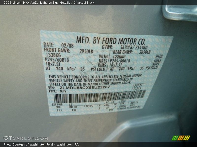 Light Ice Blue Metallic / Charcoal Black 2008 Lincoln MKX AWD