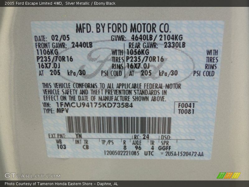 2005 Escape Limited 4WD Silver Metallic Color Code YN