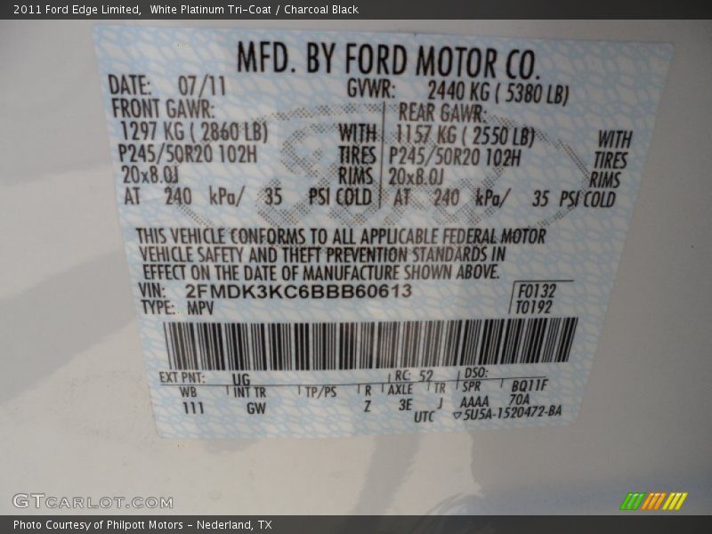 2011 Edge Limited White Platinum Tri-Coat Color Code UG