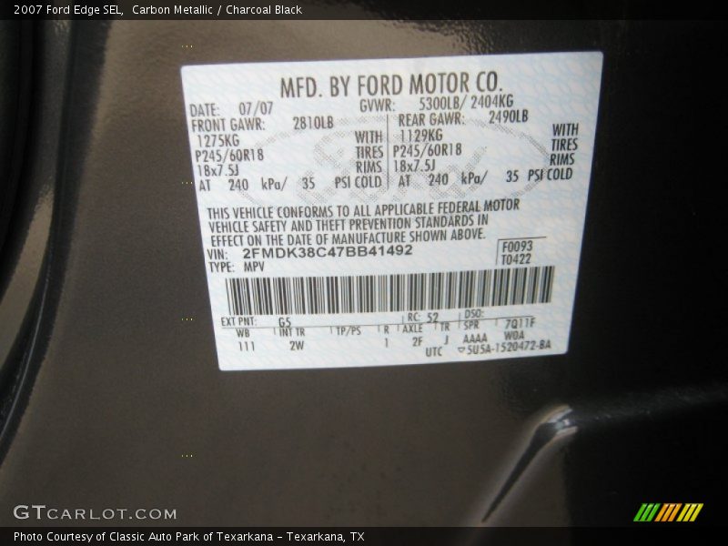 Carbon Metallic / Charcoal Black 2007 Ford Edge SEL