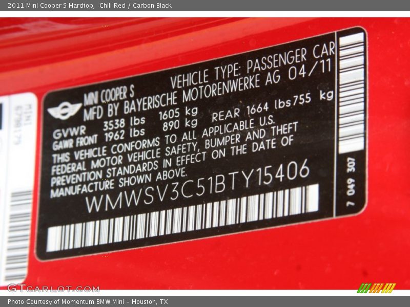 Chili Red / Carbon Black 2011 Mini Cooper S Hardtop