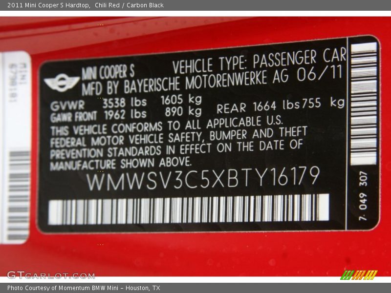 Chili Red / Carbon Black 2011 Mini Cooper S Hardtop