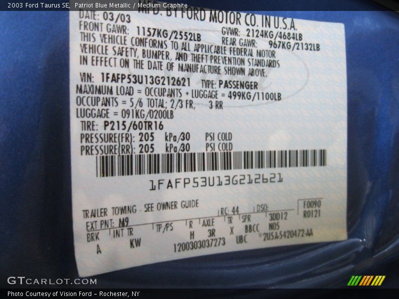 Patriot Blue Metallic / Medium Graphite 2003 Ford Taurus SE