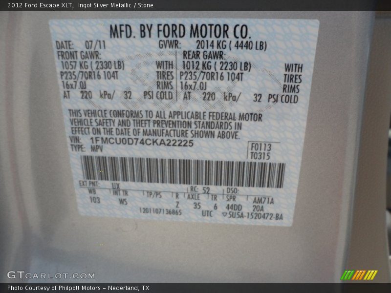 2012 Escape XLT Ingot Silver Metallic Color Code UX