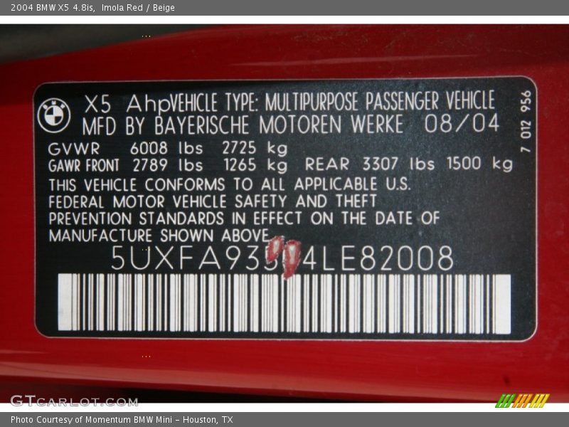 Info Tag of 2004 X5 4.8is