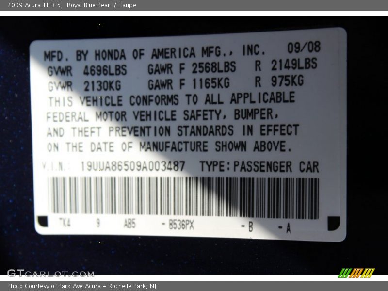 Royal Blue Pearl / Taupe 2009 Acura TL 3.5