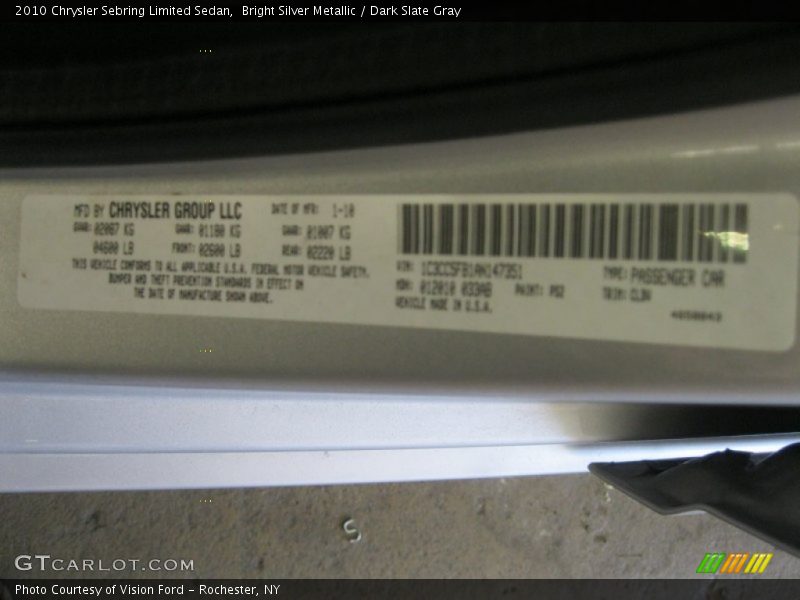 Bright Silver Metallic / Dark Slate Gray 2010 Chrysler Sebring Limited Sedan