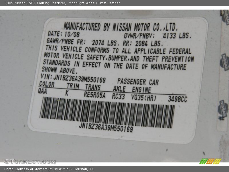 Moonlight White / Frost Leather 2009 Nissan 350Z Touring Roadster