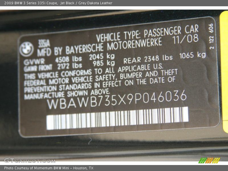 Jet Black / Grey Dakota Leather 2009 BMW 3 Series 335i Coupe