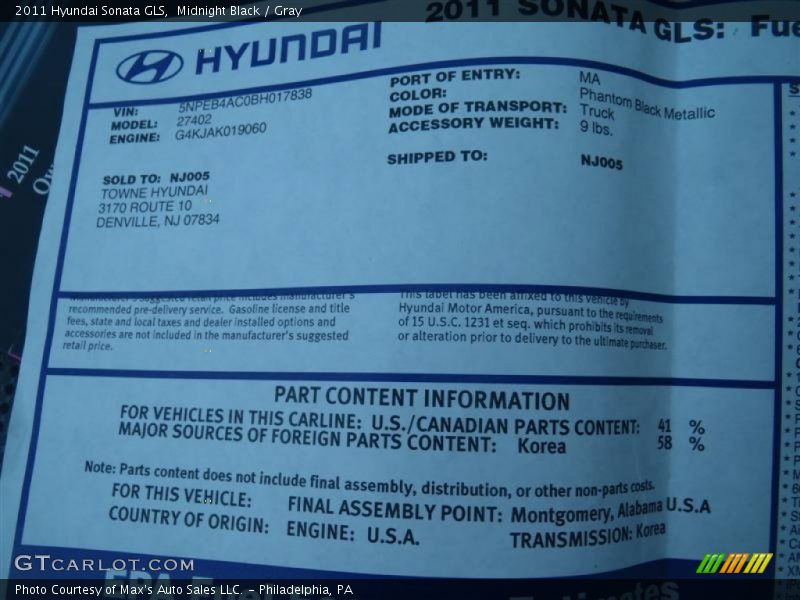 Midnight Black / Gray 2011 Hyundai Sonata GLS