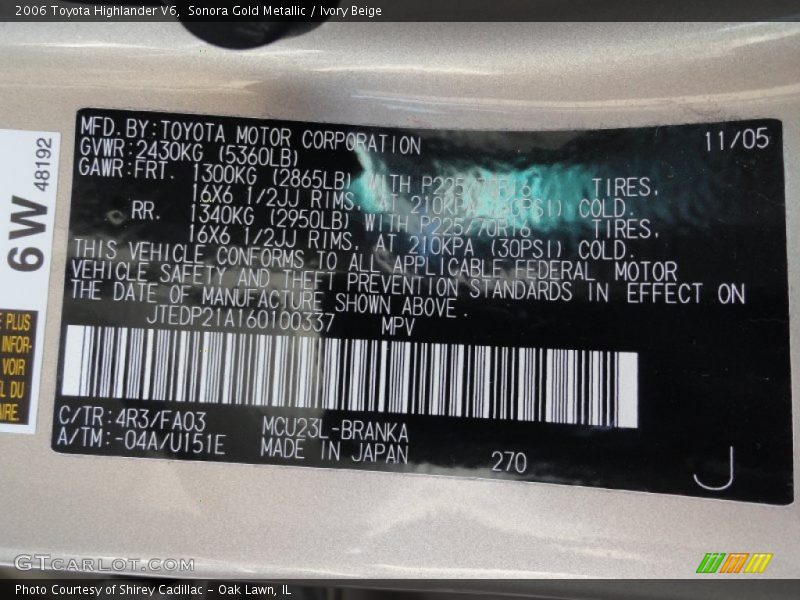 Sonora Gold Metallic / Ivory Beige 2006 Toyota Highlander V6