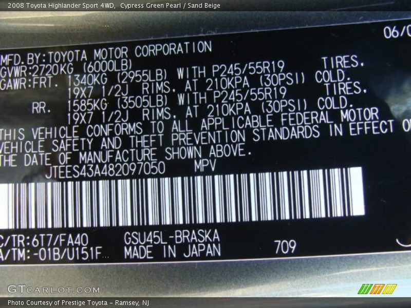 Cypress Green Pearl / Sand Beige 2008 Toyota Highlander Sport 4WD