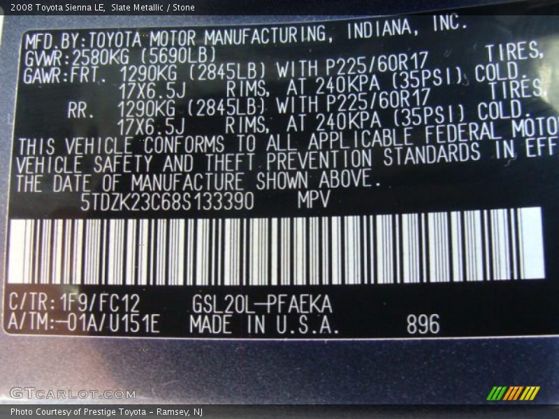 Slate Metallic / Stone 2008 Toyota Sienna LE