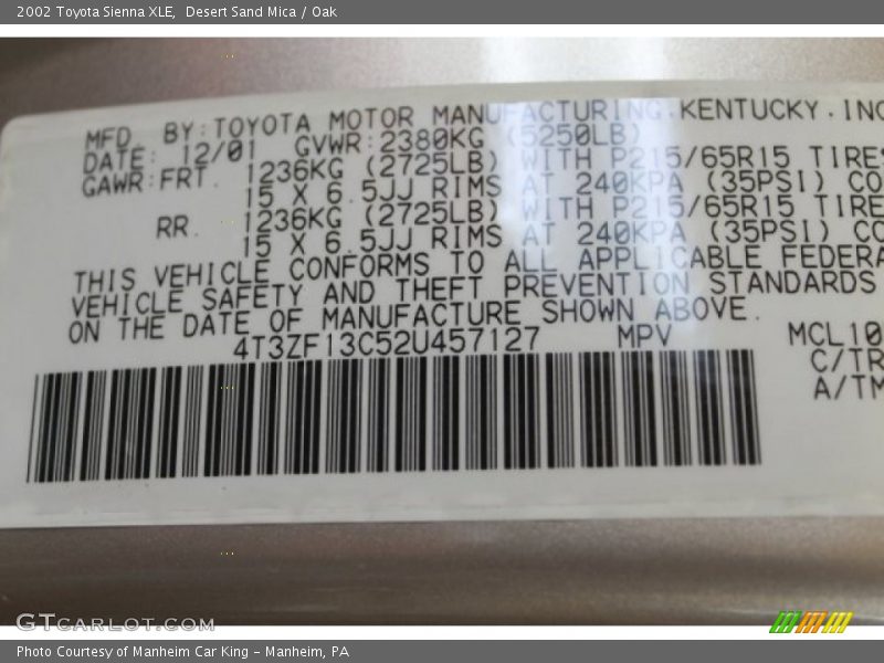 Desert Sand Mica / Oak 2002 Toyota Sienna XLE