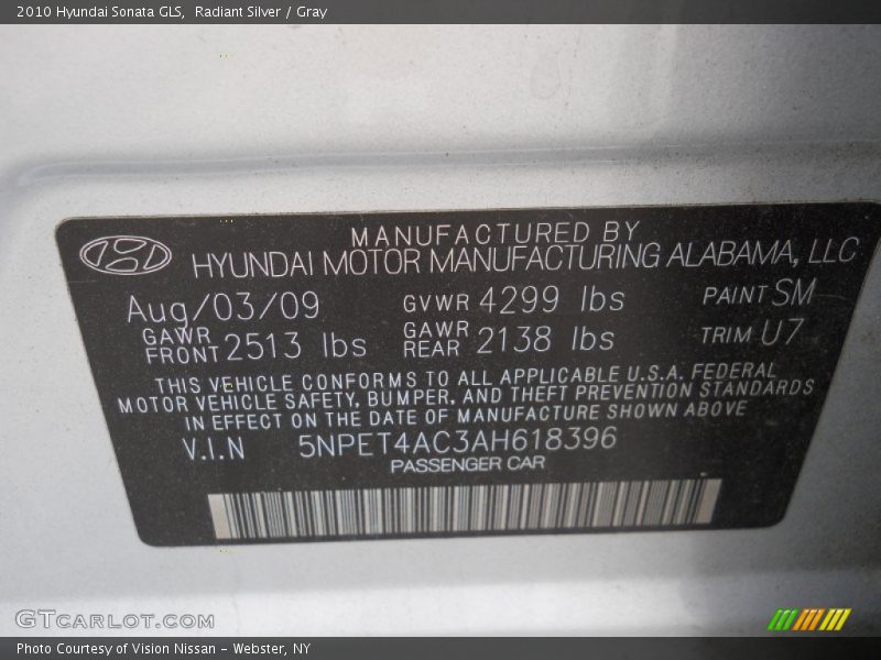 Radiant Silver / Gray 2010 Hyundai Sonata GLS