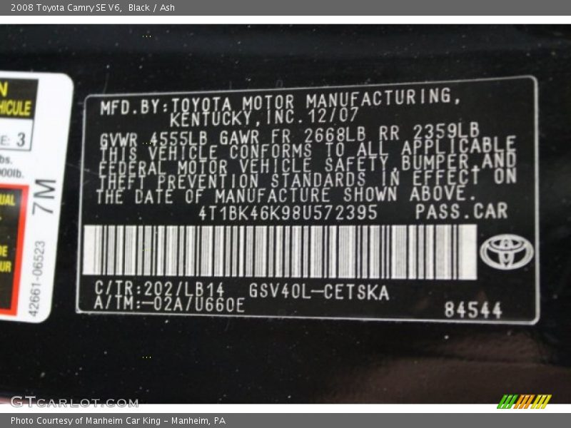 Black / Ash 2008 Toyota Camry SE V6