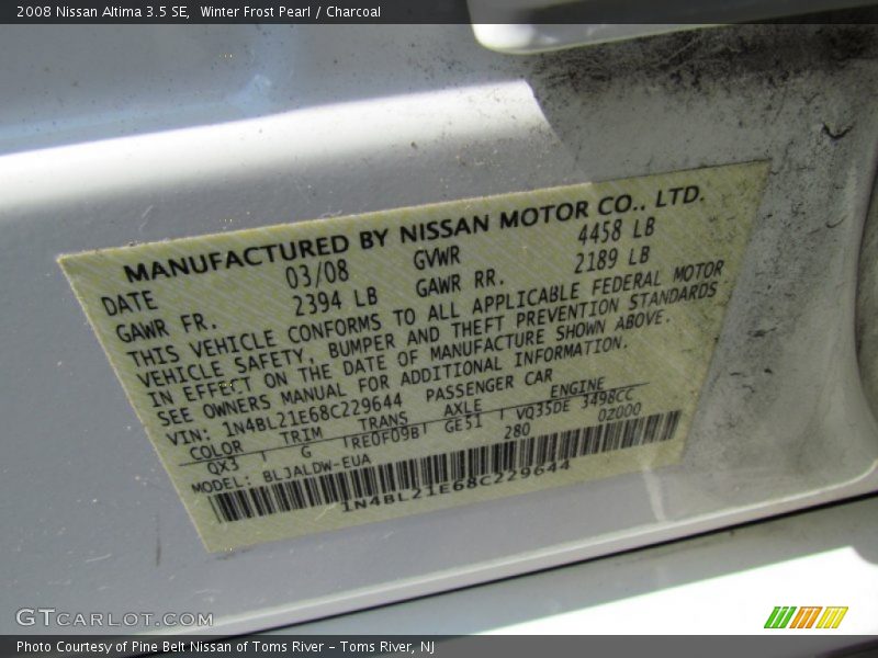 Winter Frost Pearl / Charcoal 2008 Nissan Altima 3.5 SE