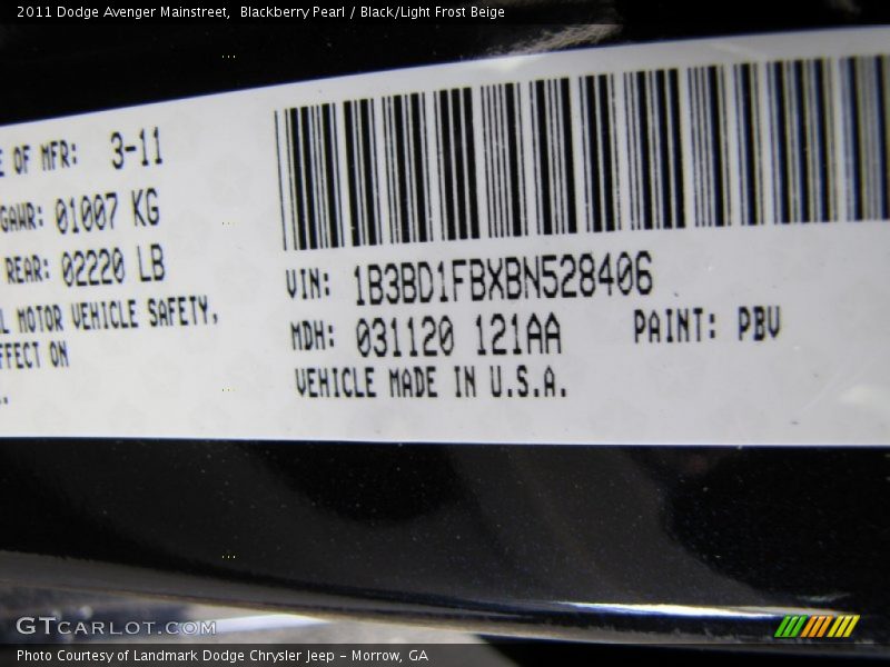 Blackberry Pearl / Black/Light Frost Beige 2011 Dodge Avenger Mainstreet