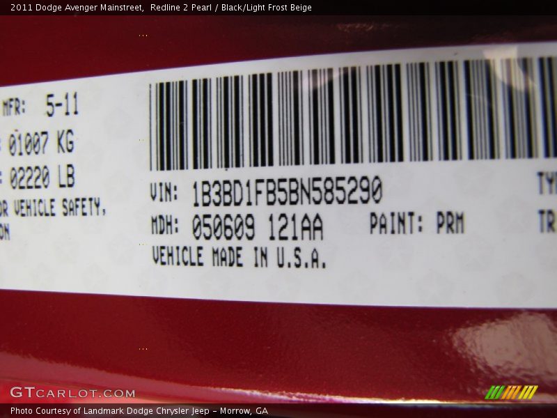 Redline 2 Pearl / Black/Light Frost Beige 2011 Dodge Avenger Mainstreet
