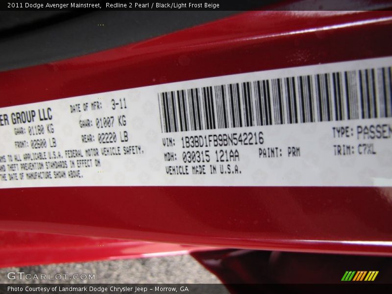 Redline 2 Pearl / Black/Light Frost Beige 2011 Dodge Avenger Mainstreet