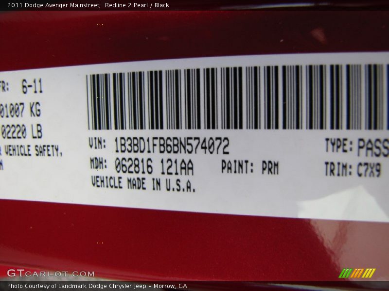 Redline 2 Pearl / Black 2011 Dodge Avenger Mainstreet