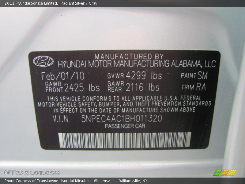 Radiant Silver / Gray 2011 Hyundai Sonata Limited