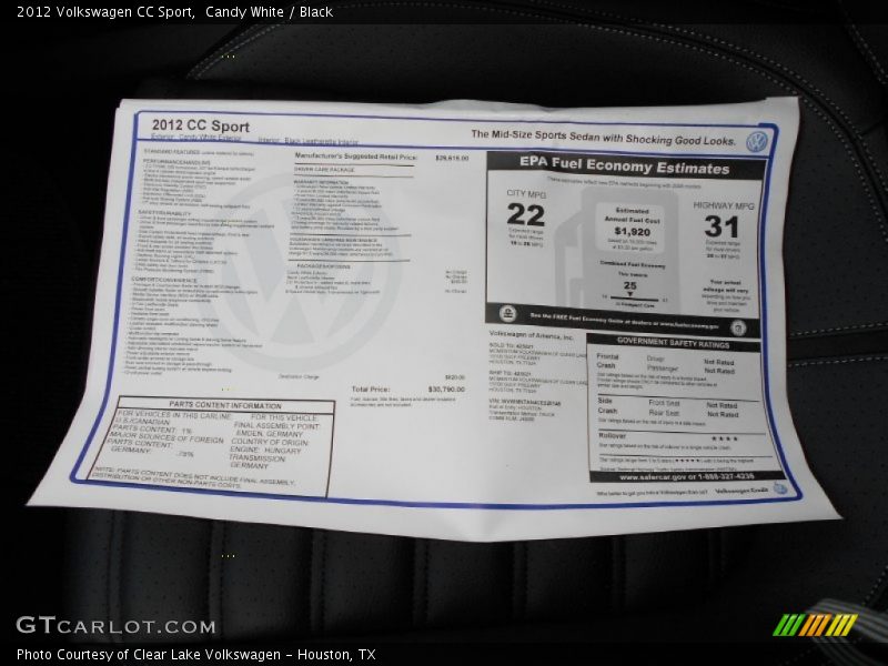Candy White / Black 2012 Volkswagen CC Sport
