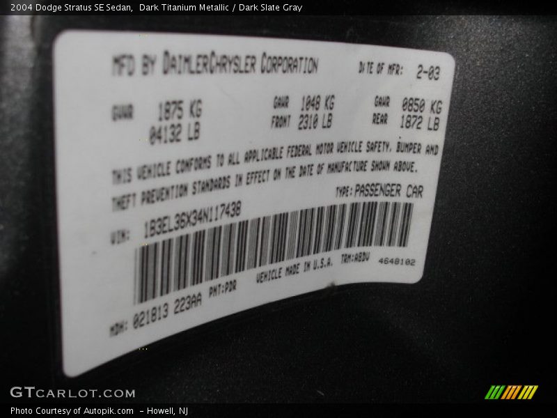Dark Titanium Metallic / Dark Slate Gray 2004 Dodge Stratus SE Sedan