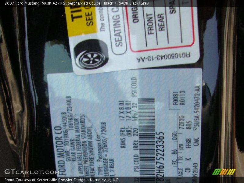 Info Tag of 2007 Mustang Roush 427R Supercharged Coupe