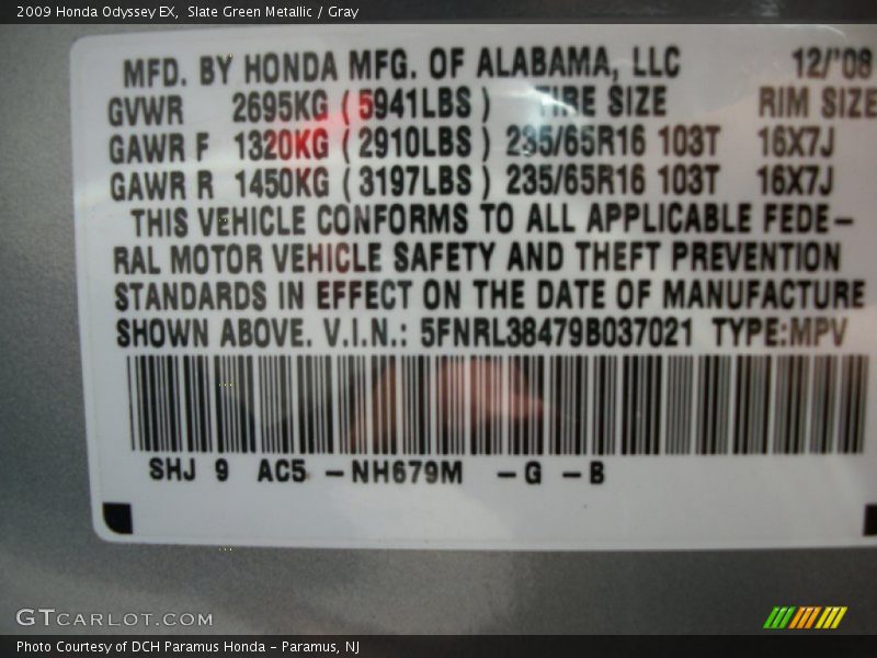 Slate Green Metallic / Gray 2009 Honda Odyssey EX