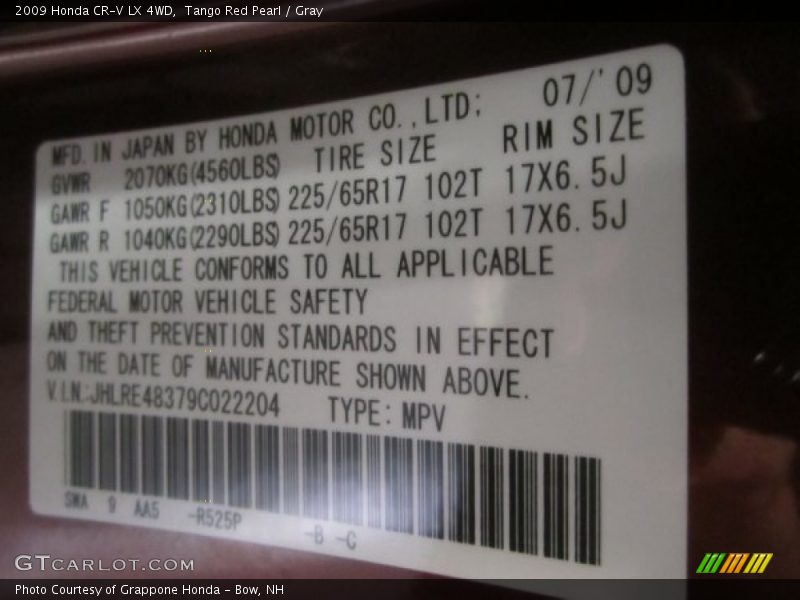 Tango Red Pearl / Gray 2009 Honda CR-V LX 4WD