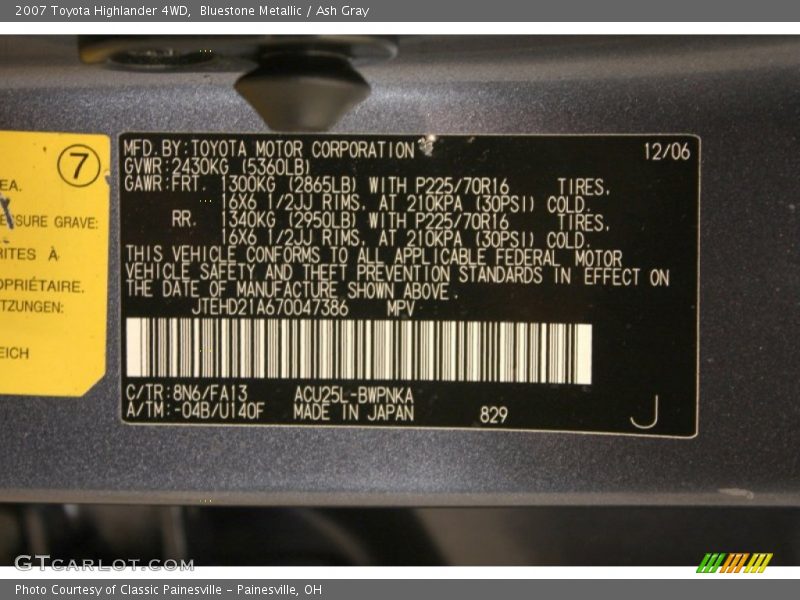 2007 Highlander 4WD Bluestone Metallic Color Code 8N6