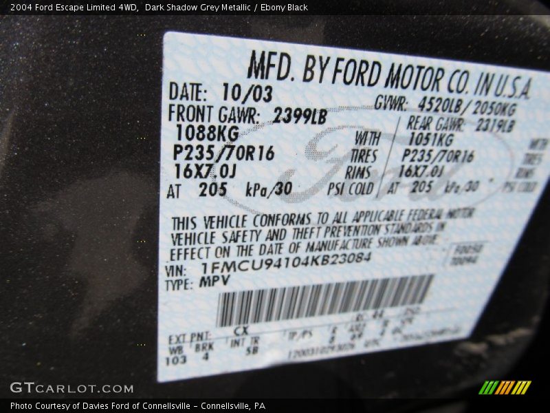 2004 Escape Limited 4WD Dark Shadow Grey Metallic Color Code CX