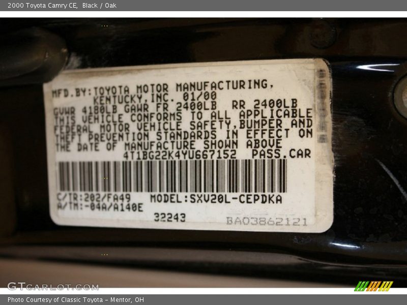 2000 Camry CE Black Color Code 202