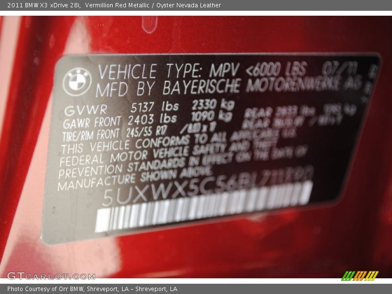 Vermillion Red Metallic / Oyster Nevada Leather 2011 BMW X3 xDrive 28i