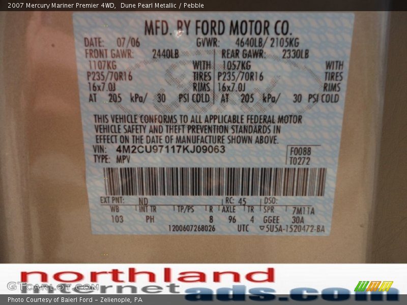 Dune Pearl Metallic / Pebble 2007 Mercury Mariner Premier 4WD