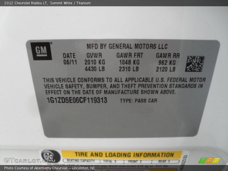 Summit White / Titanium 2012 Chevrolet Malibu LT