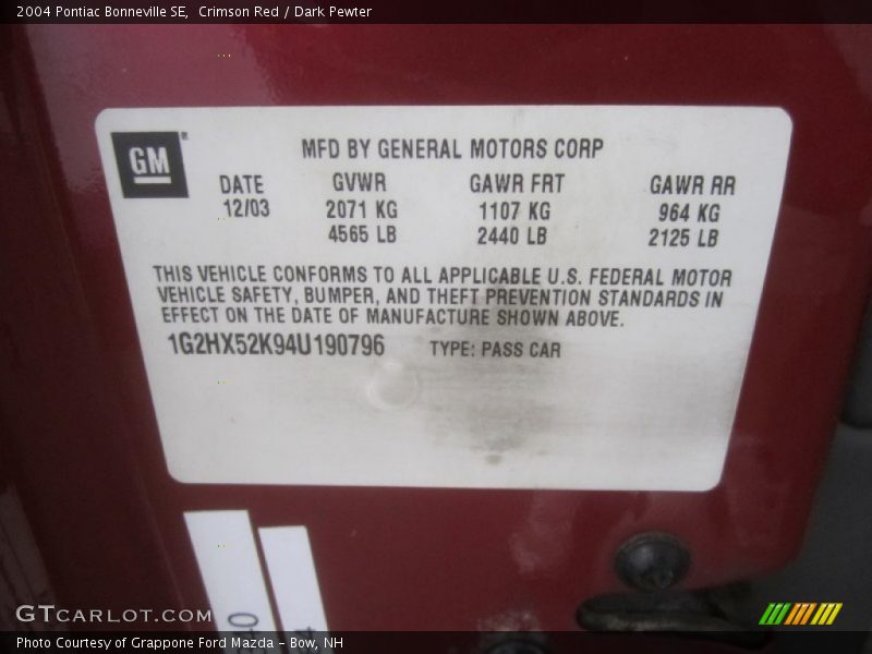 Crimson Red / Dark Pewter 2004 Pontiac Bonneville SE