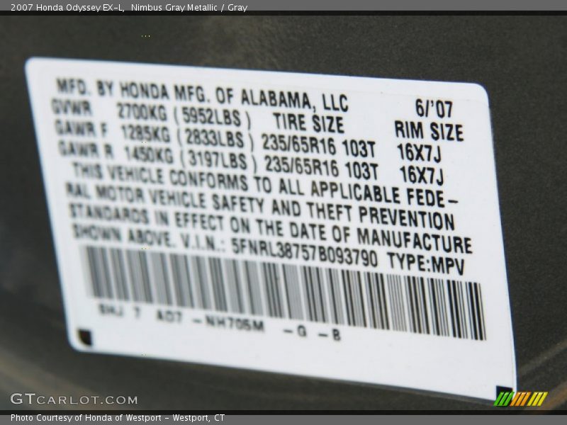 Nimbus Gray Metallic / Gray 2007 Honda Odyssey EX-L