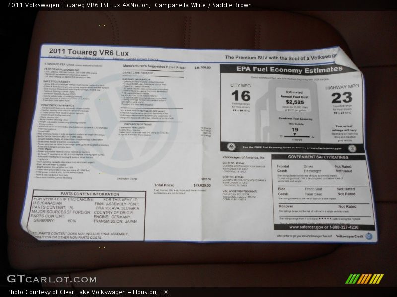  2011 Touareg VR6 FSI Lux 4XMotion Window Sticker