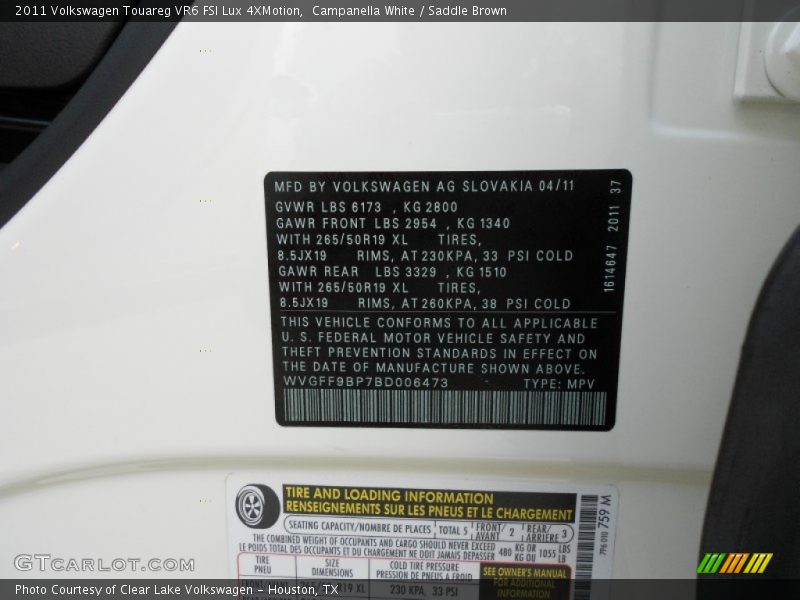 Campanella White / Saddle Brown 2011 Volkswagen Touareg VR6 FSI Lux 4XMotion