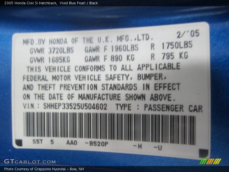 Vivid Blue Pearl / Black 2005 Honda Civic Si Hatchback
