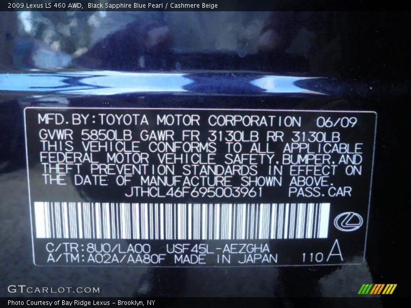 2009 LS 460 AWD Black Sapphire Blue Pearl Color Code 8U0